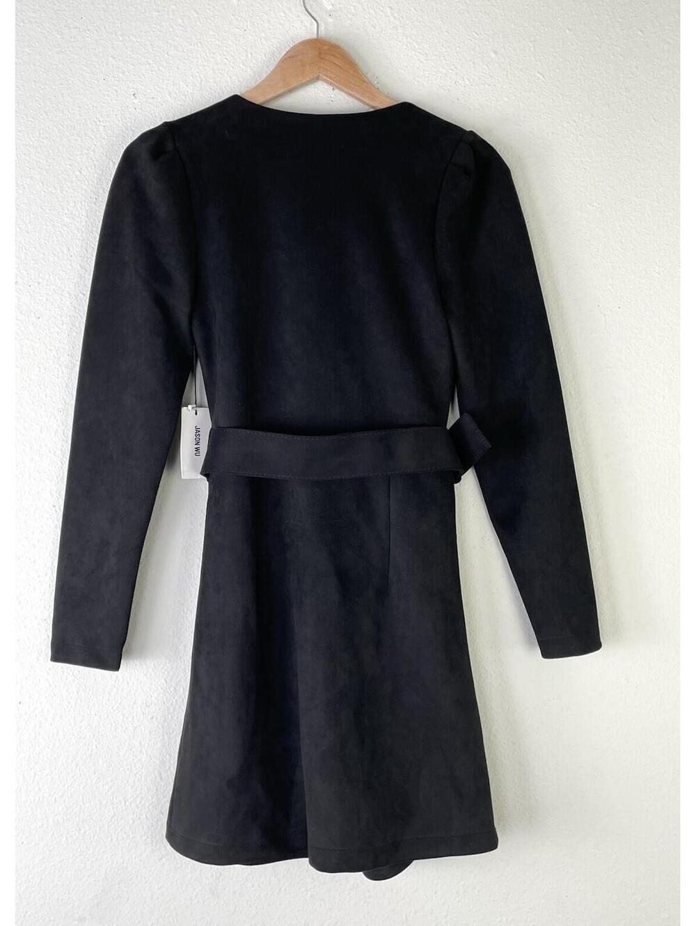 Jason Wu Faux Suede Belted Wrap Dress Black XS Long Sleeve Cocktail Party LBD - Picture 2 of 11